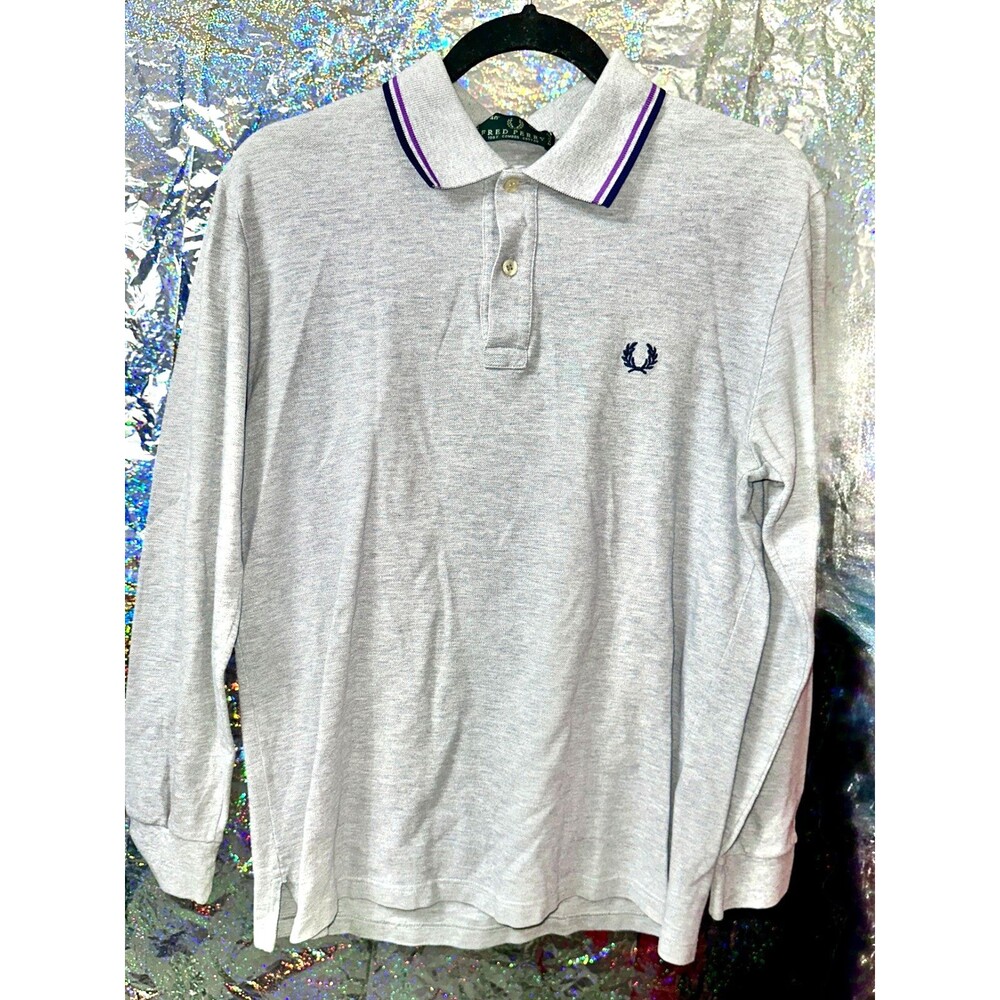 Fred Perry Long Sleeve Polo Shirt Size M 40 Purple Blk Twin Tipping Gray